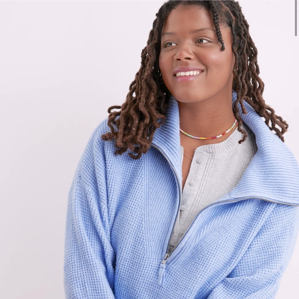 Aerie Cozy Up Waffle Knit Quarter Zip Sweater in Light Blue